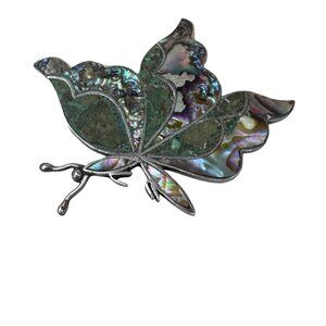 Vintage large heavy Taxco Sterling silver 925 Abalone Turquoise butterfly brooch